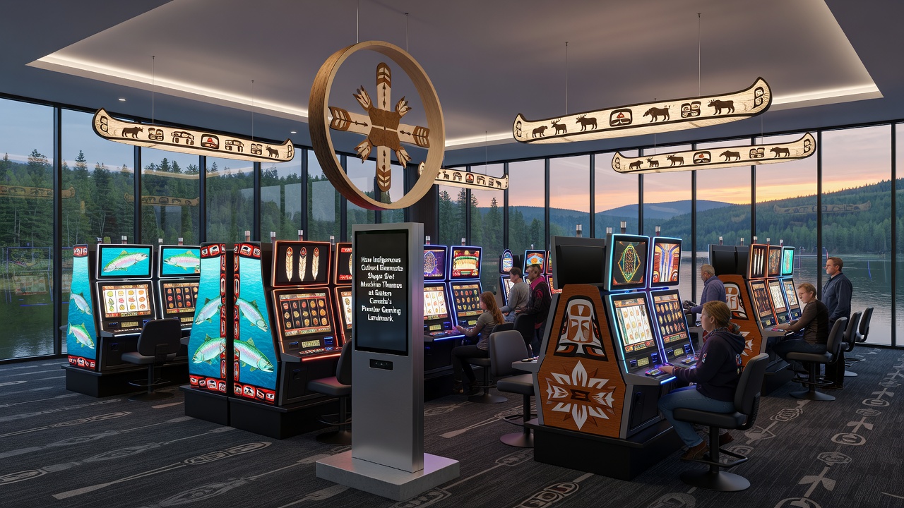 Close-up of slot machine screen displaying Indigenous artwork with animal symbols and traditional patterns