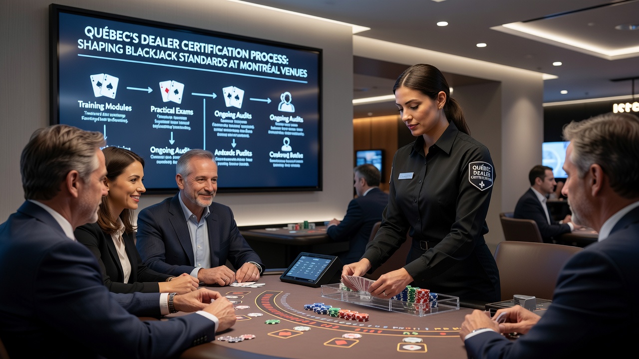 Blackjack table at Casino de Montréal with certified dealer managing gameplay