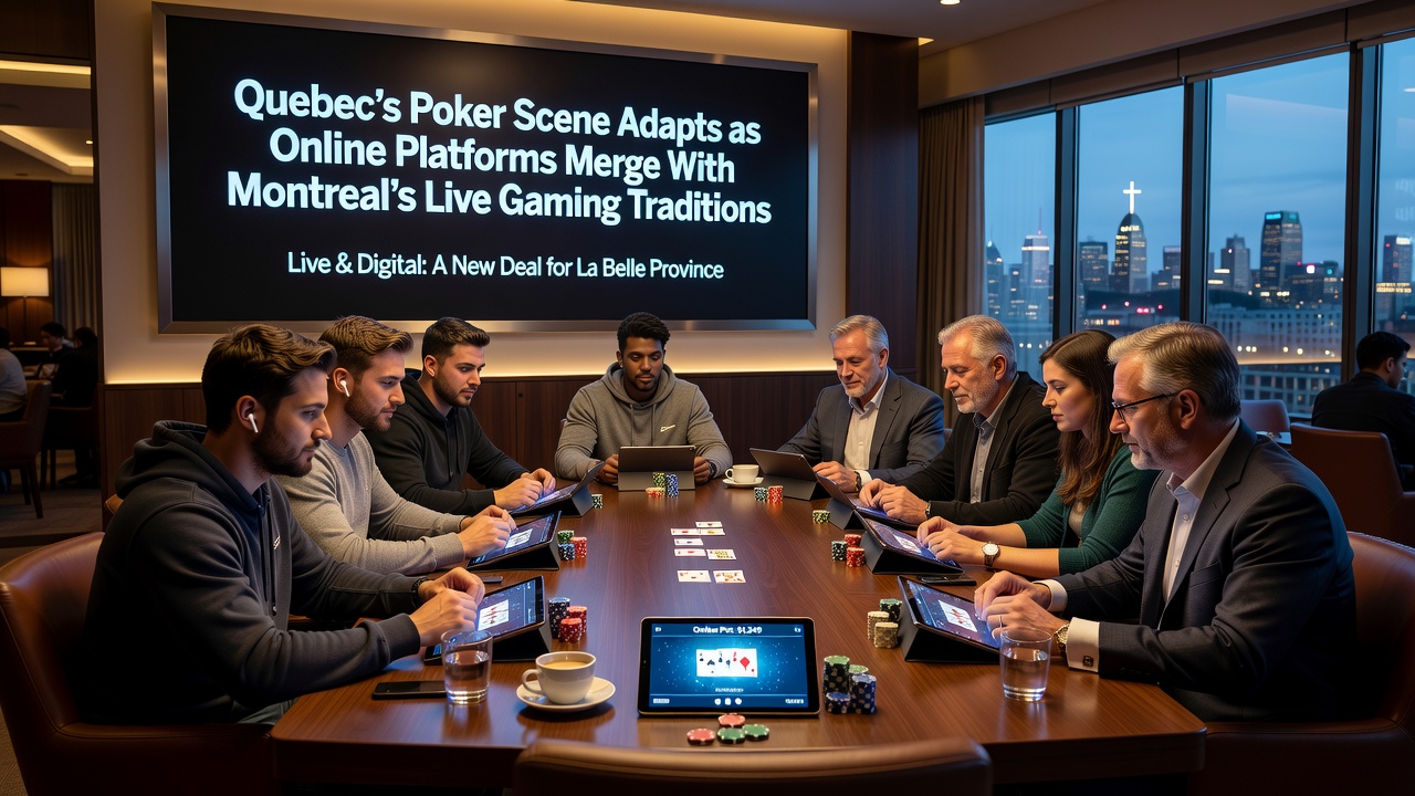 Digital interface displaying merged online and live poker tournament at a Montreal casino